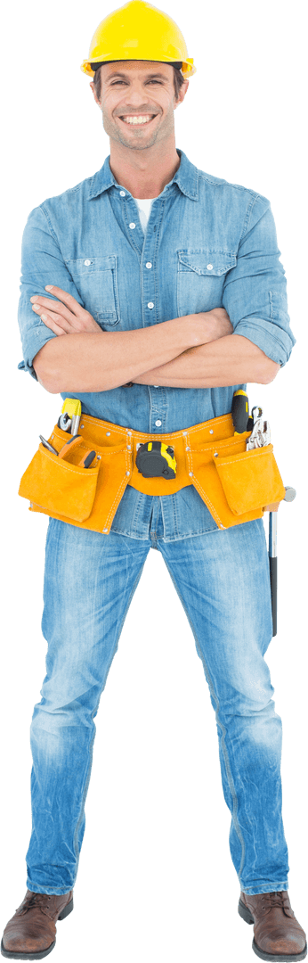 Confident Carpenter in Denim with Yellow Hard Hat Transparent Background