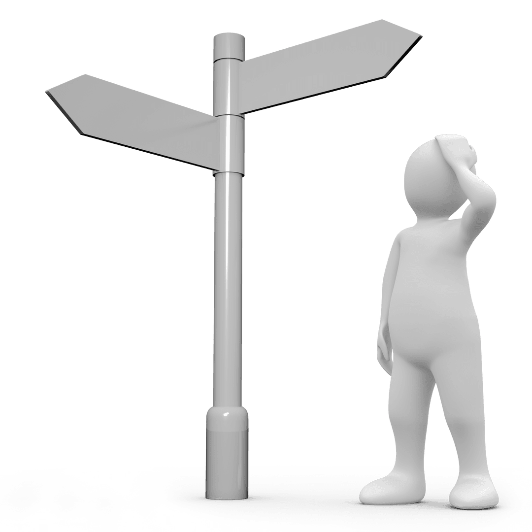 Confused Figure Contemplating Road Sign Directions on Transparent Background