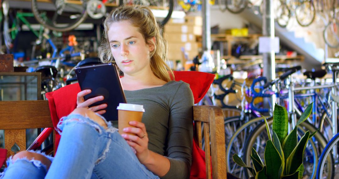 Young Woman Relaxing in Bicycle Shop with Tablet and Coffee - Free Images, Stock Photos and Pictures on Pikwizard.com