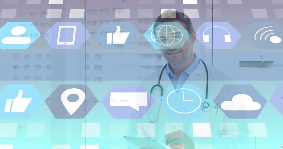 Doctor Navigating Digital Interface with Medical Icons