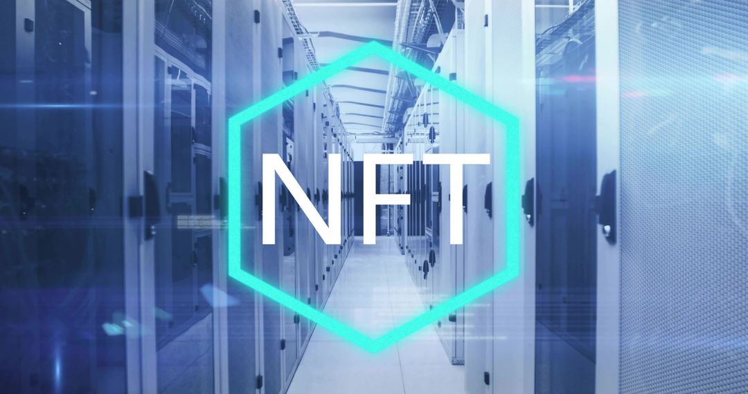 Futuristic nft concept with data center and server cabinets