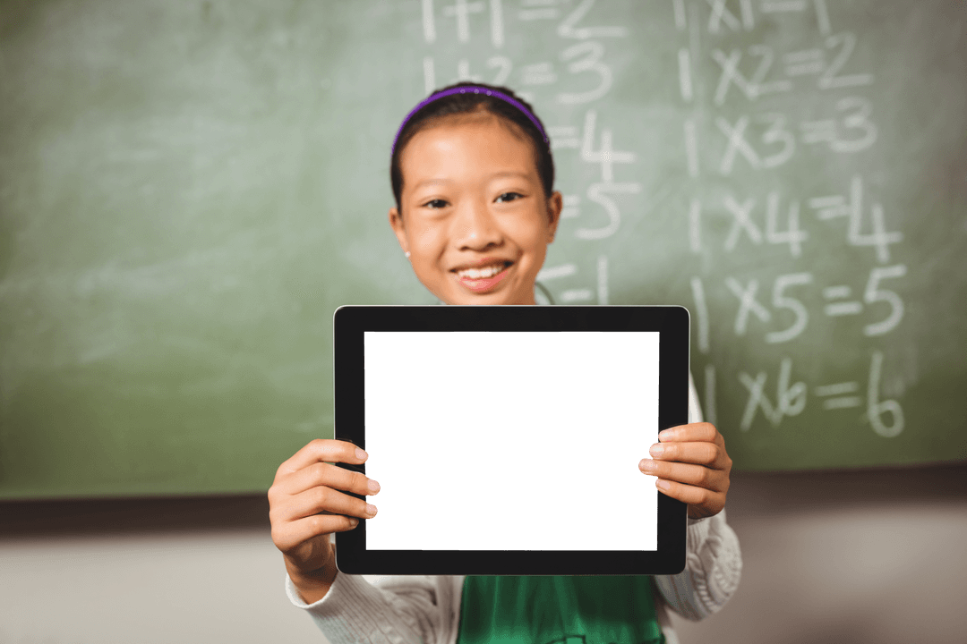 Smiling Girl Holding Transparent Tablet in Classroom