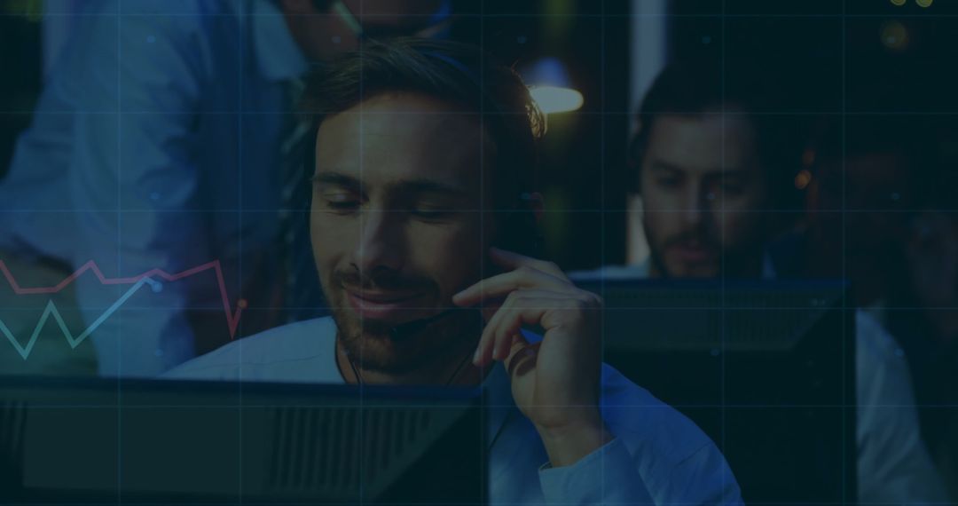 Trader Analyzing Market Data with Headset in Modern Office