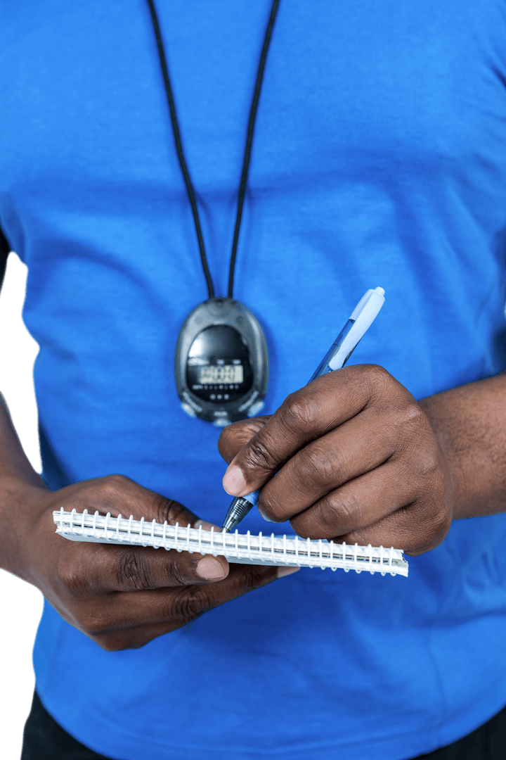 Transparent Fitness Trainer Writing Notes on Notepad