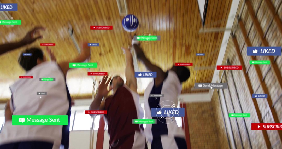 Basketball Players Jumping and Reaching for Ball with Social Media Reaction Overlays