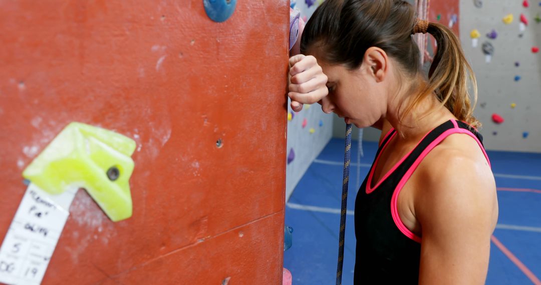 Female Rock Climber Reflecting and Resting Against Wall - Free Images, Stock Photos and Pictures on Pikwizard.com