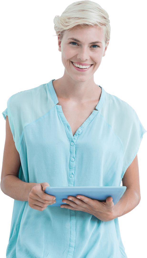 Happy Caucasian Woman with Tablet on Transparent Background