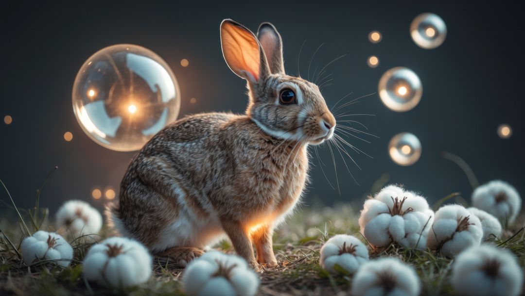 Whimsical cottontail rabbit in meadow with cotton bolls and floating bubbles