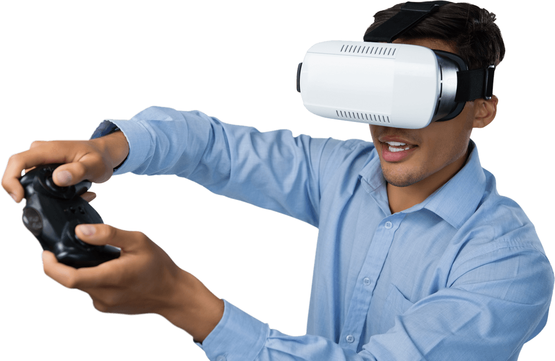 Young Caucasian Man Engaging in Virtual Reality Gaming with VR Headset, Transparent Background