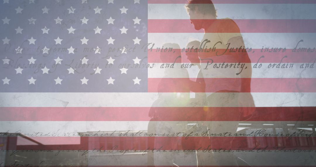 Overlay of US Flag with Friends Celebrating on Beach