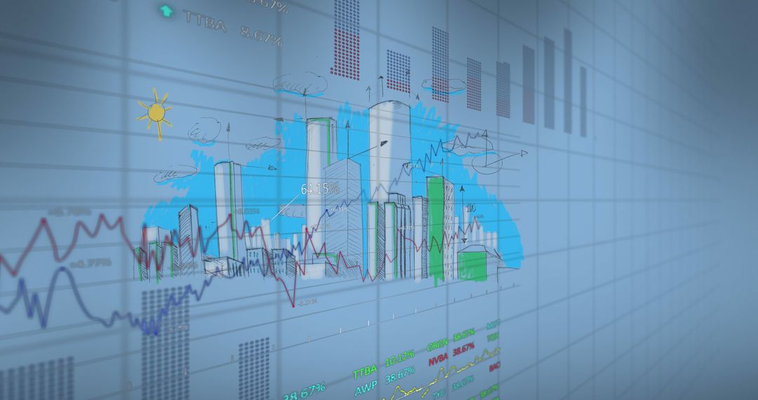 Data Visualization Merging Digital Text and Cityscape Drawing