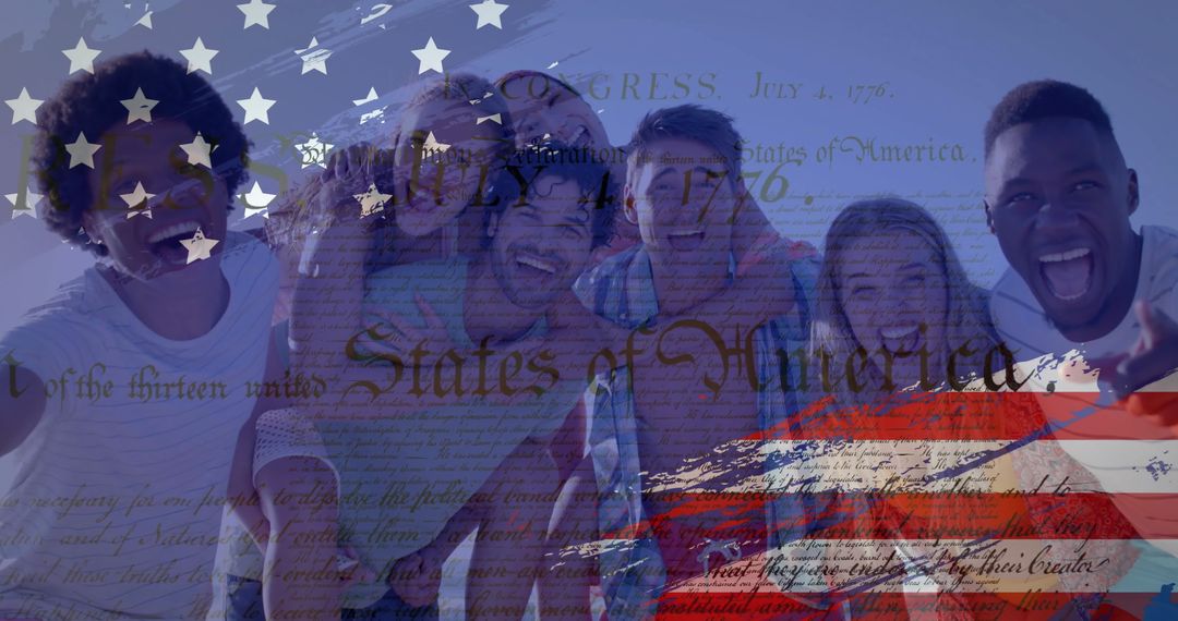 Diverse Friends Celebrate American Values Against USA Flag