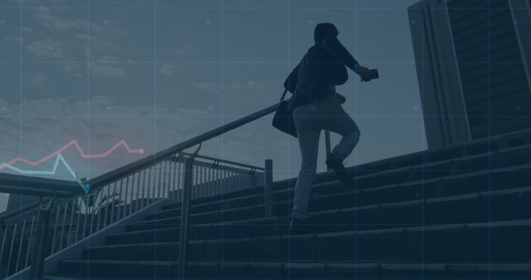 Businessman Climbing Stairs with Digital Data Overlay