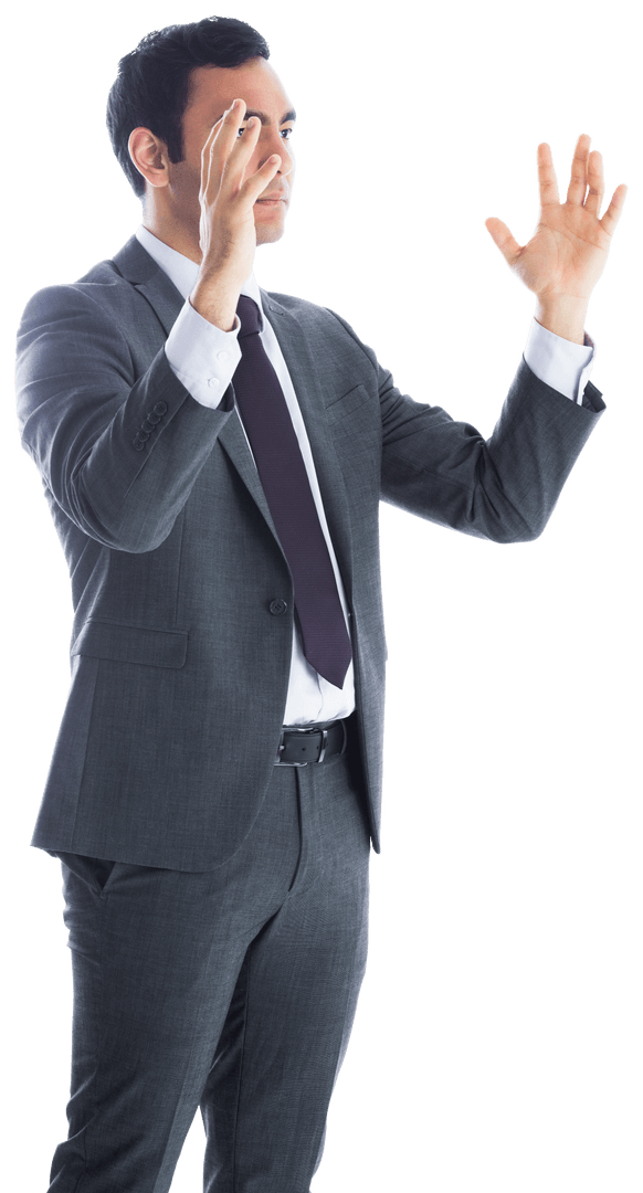 Transparent Businessman Raising Arms in Strategy Planning Pose