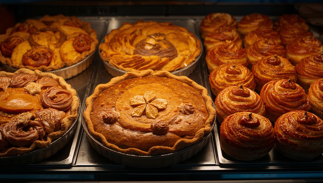 Artisanal Pastries and Pies with Leaf Motifs in Bakery Display