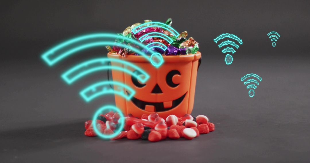 Halloween pumpkin bucket overflowing with colorful candy and glowing neon WiFi symbols