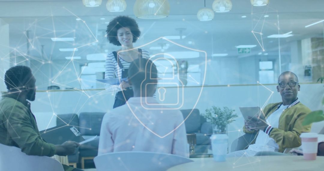 Cybersecurity Meeting in Modern Office with Digital Lock Overlay
