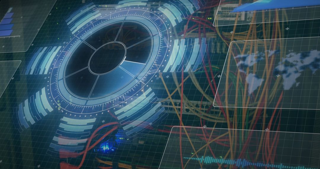 Futuristic Digital Interface with Data Processing and Network Cables