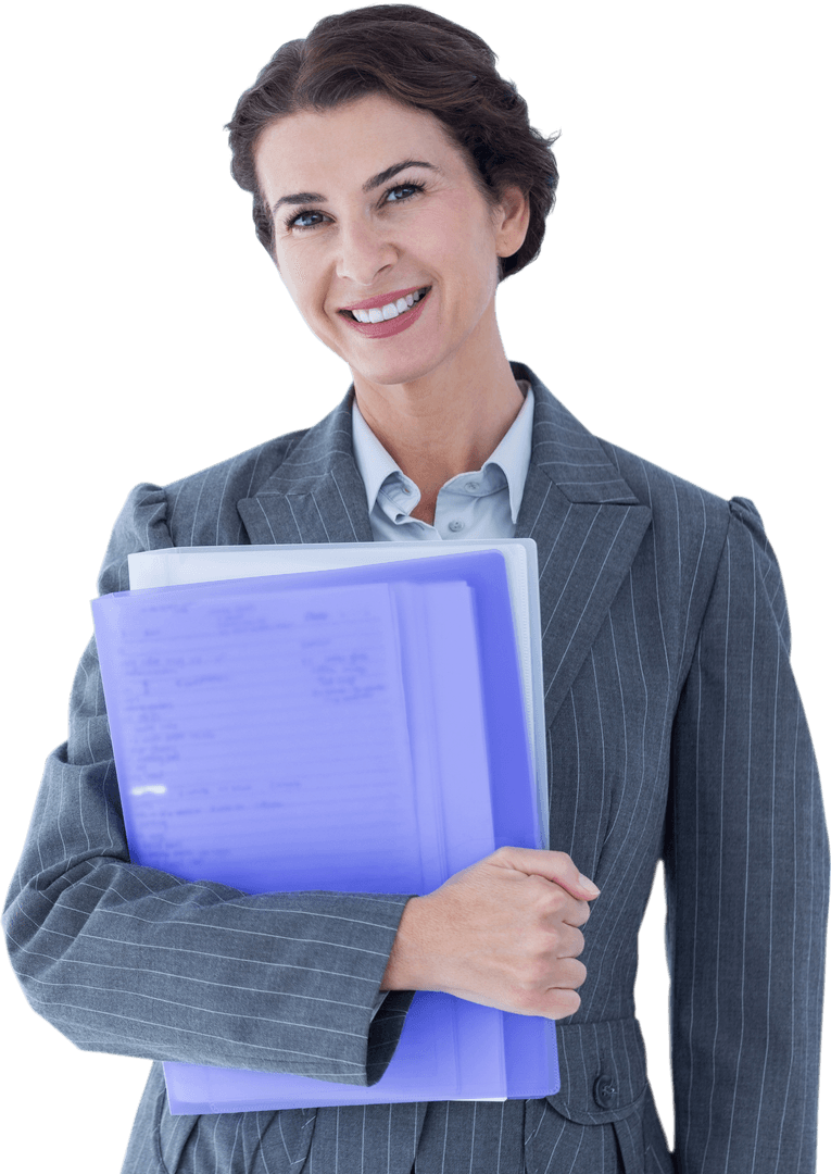 Caucasian Businesswoman Smiling Holding Documents on Transparent Background