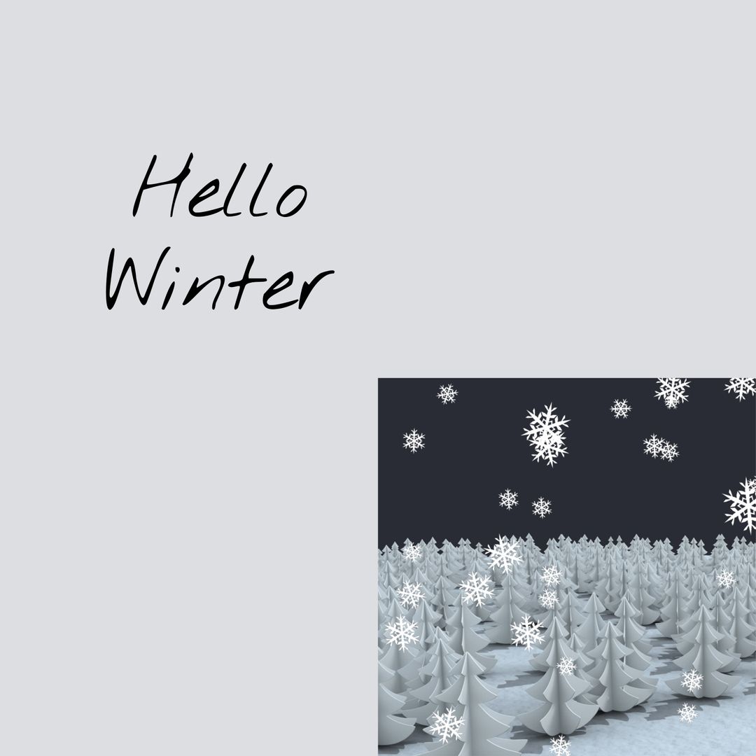 Hello Winter Greeting with Snowy Forest and Falling Snowflakes