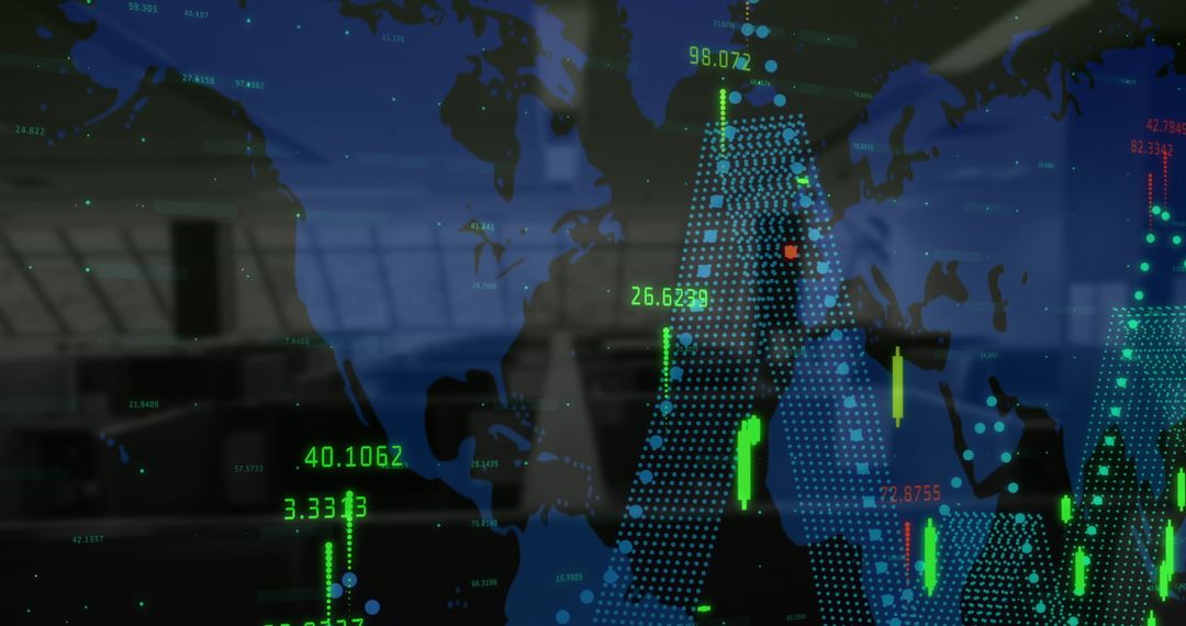 Global Financial Data Overlay on World Map in Office Atmosphere