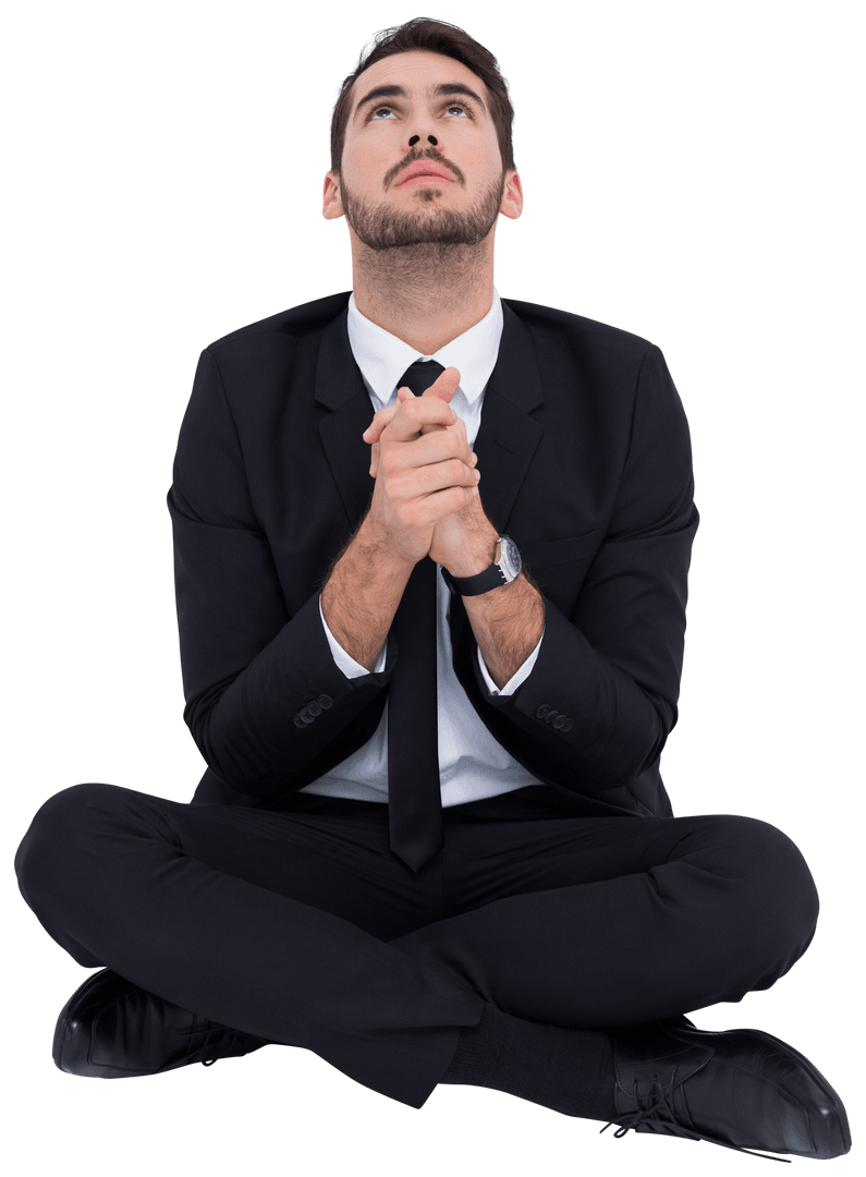 Businessman in Suit Sitting Cross-Legged Praying Transparent Background