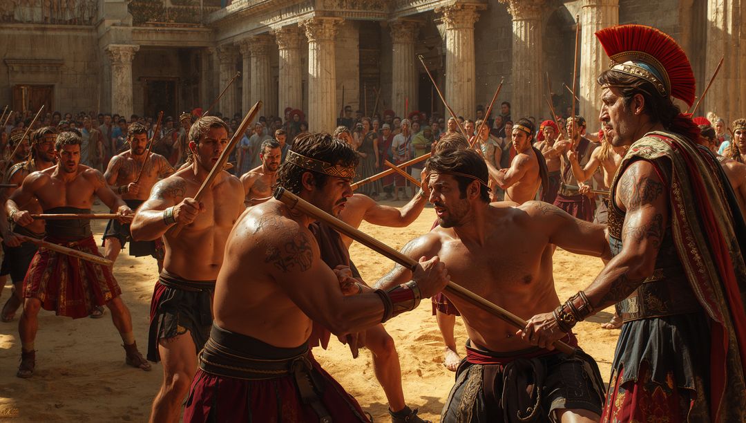 Clashing gladiators locking staves in sunlit sand arena amid armored centurion command