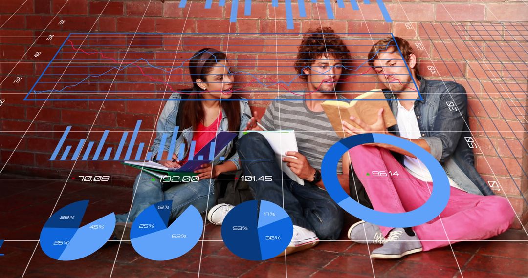 Teen Students Studying Amidst Digital Data Analytics Overlay