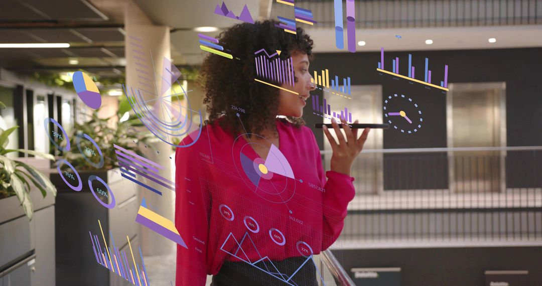 Businesswoman Engaging with Data Analytics Through Smartphone Interface