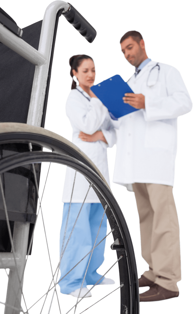 Transparent Doctors Consulting with Clipboard and Wheelchair