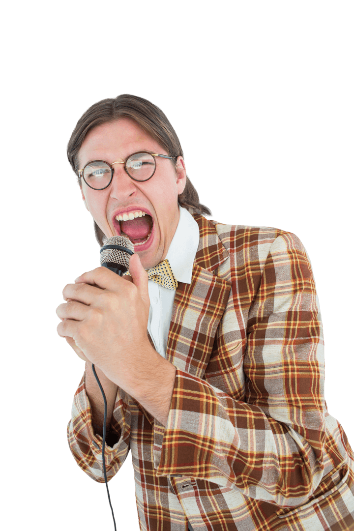 Happy Geeky Hipster singing with microphone, plaid suit