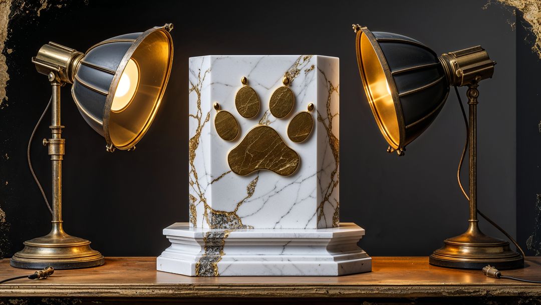 Elegant Marble Stand with Gold Paw Print and Vintage Lamps