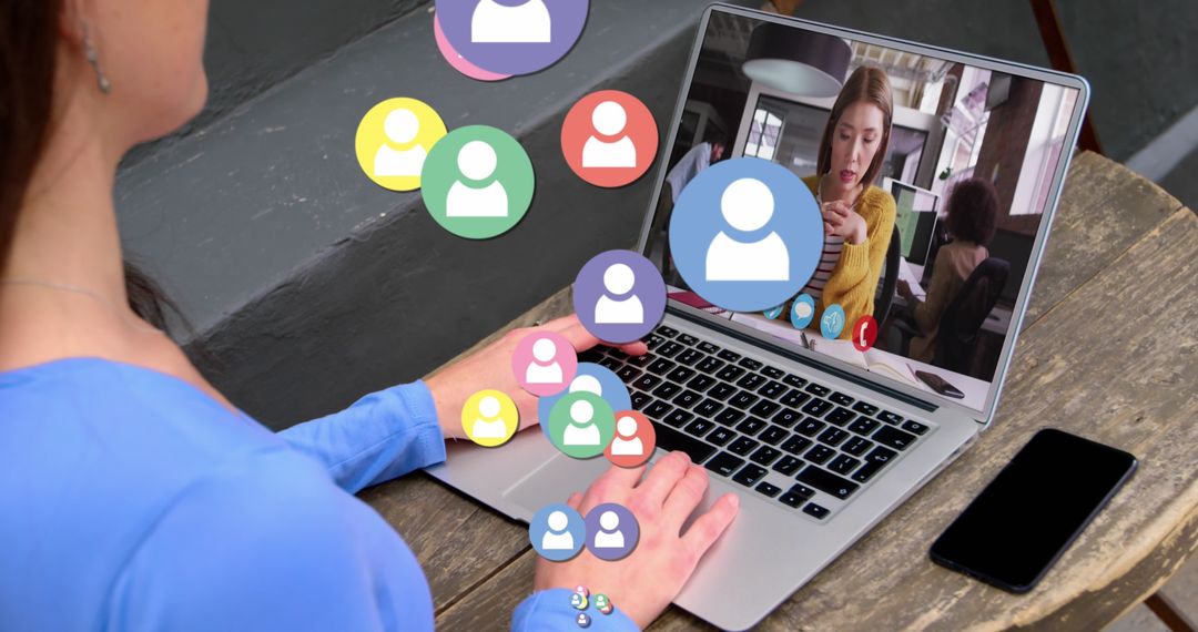 Woman Engaging in Video Call with Social Icons Signifying Global Networking