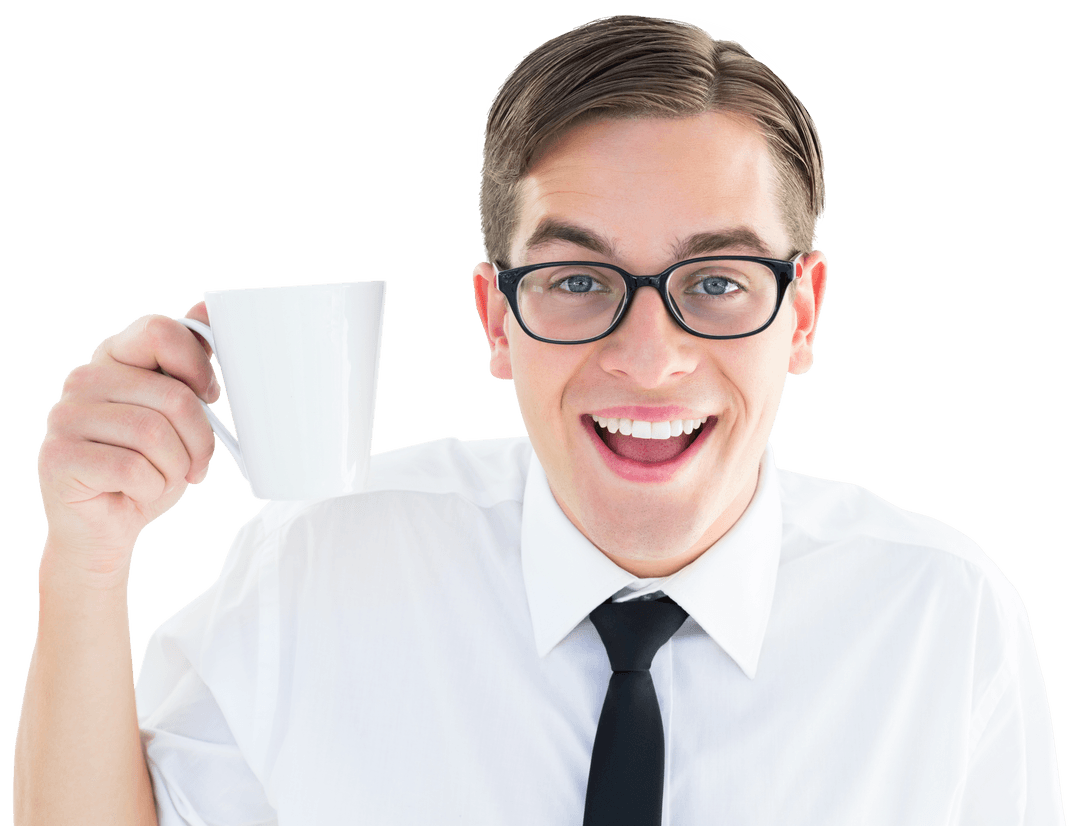 Transparent Geeky Businessman Holding Coffee Mug Smiling Happily
