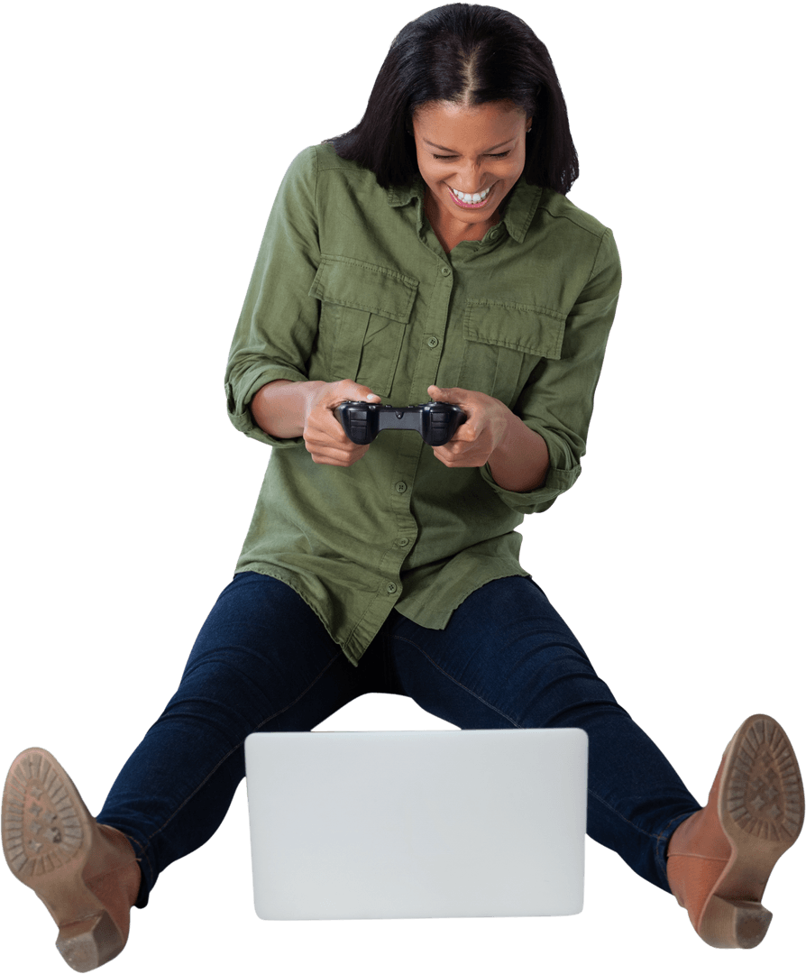 Transparent Woman Engaging with Laptop Video Game Enthusiastically