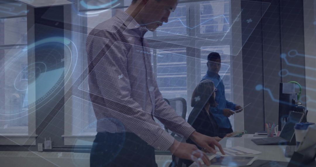 Futuristic Office with Professionals Using Digital Interfaces