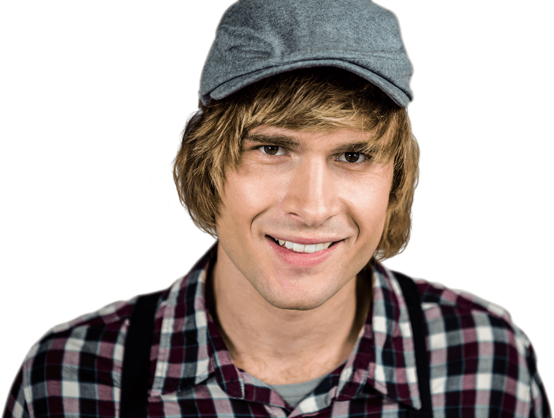 Smiling Blond Hipster Wearing Plaid Shirt and Cap