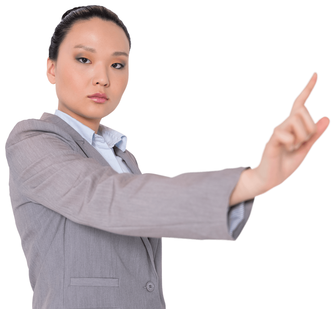 Transparent Businesswoman Pointing Finger with Purpose