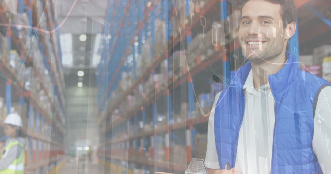 Man Managing Inventory with Data Graphics in Warehouse