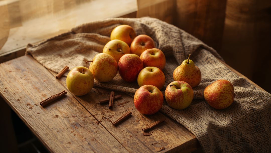 Rustic Apple and Pear Arrangement with Cinnamon on Wooden Table