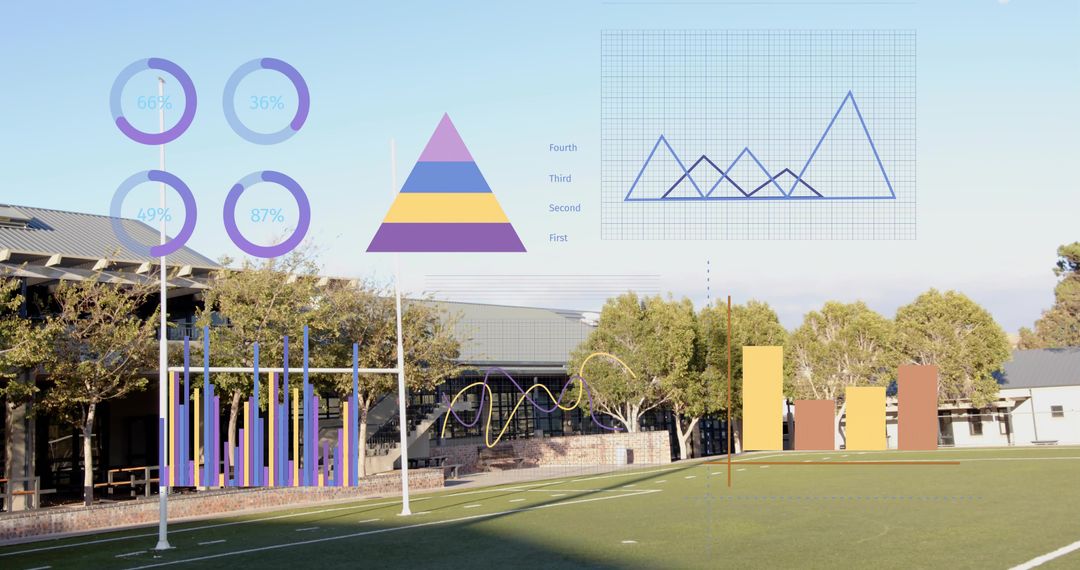 School Turf Field Displaying Augmented Reality Data Overlays with Infographics and Charts