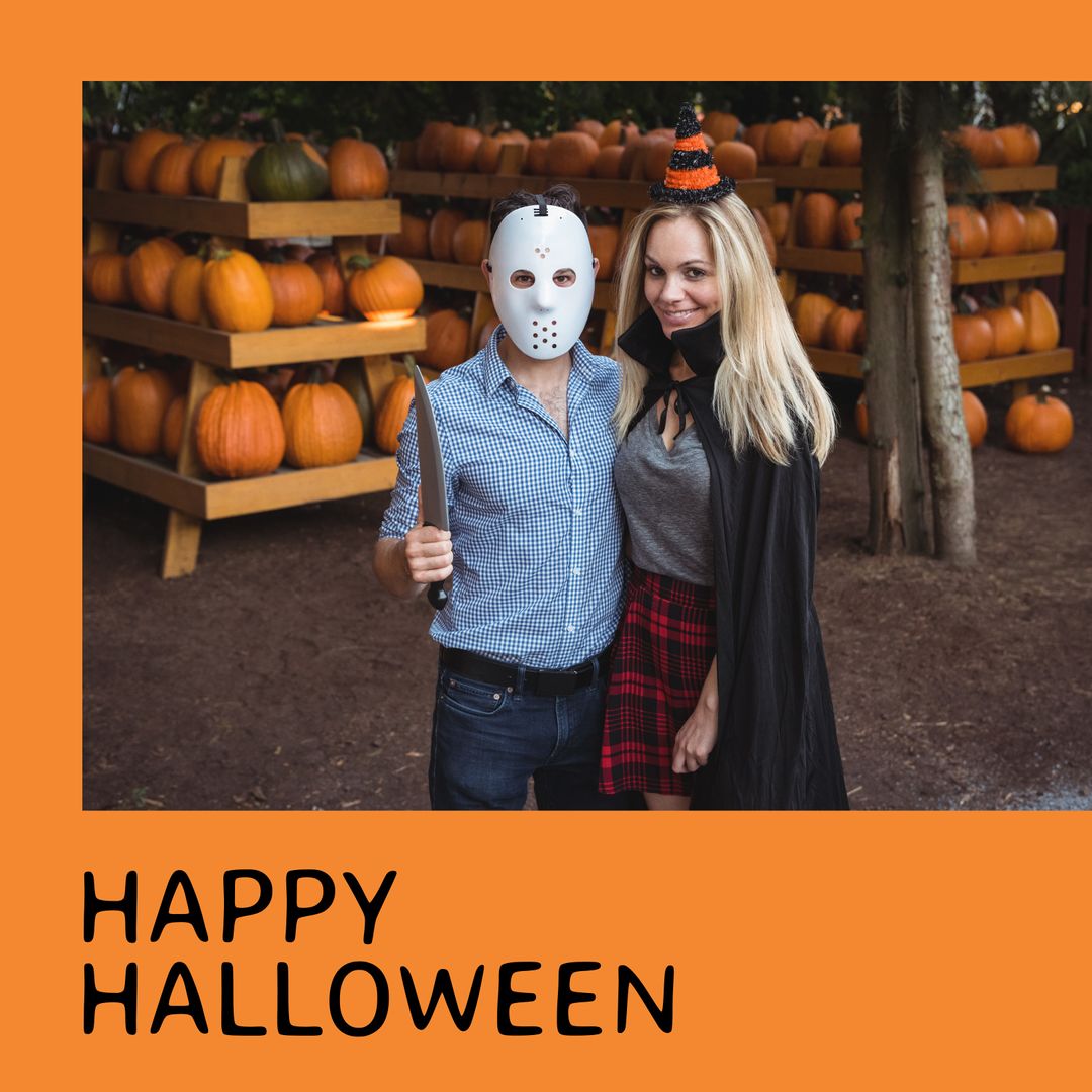 Halloween Couple Posing at Pumpkin Patch in Costumes