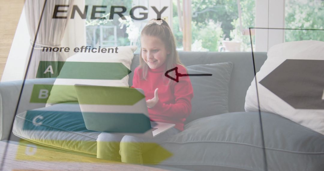 Girl Using Laptop with Energy Efficiency Overlay Symbols