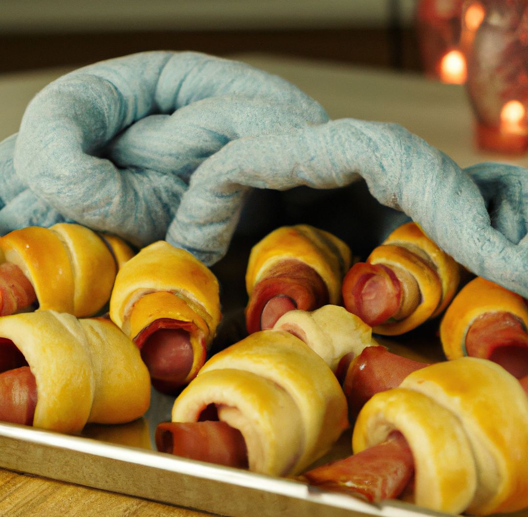 Image of close up of fresh pigs in a blanket on tray - Free Images, Stock Photos and Pictures on Pikwizard.com