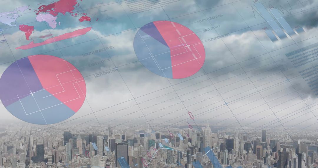 Abstract Financial Graphs Overlaying Bustling Cityscape