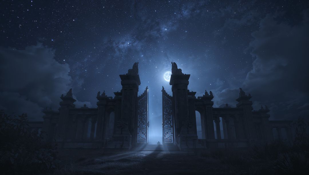Epic Moonlit Gateway Under Starlit Night Sky