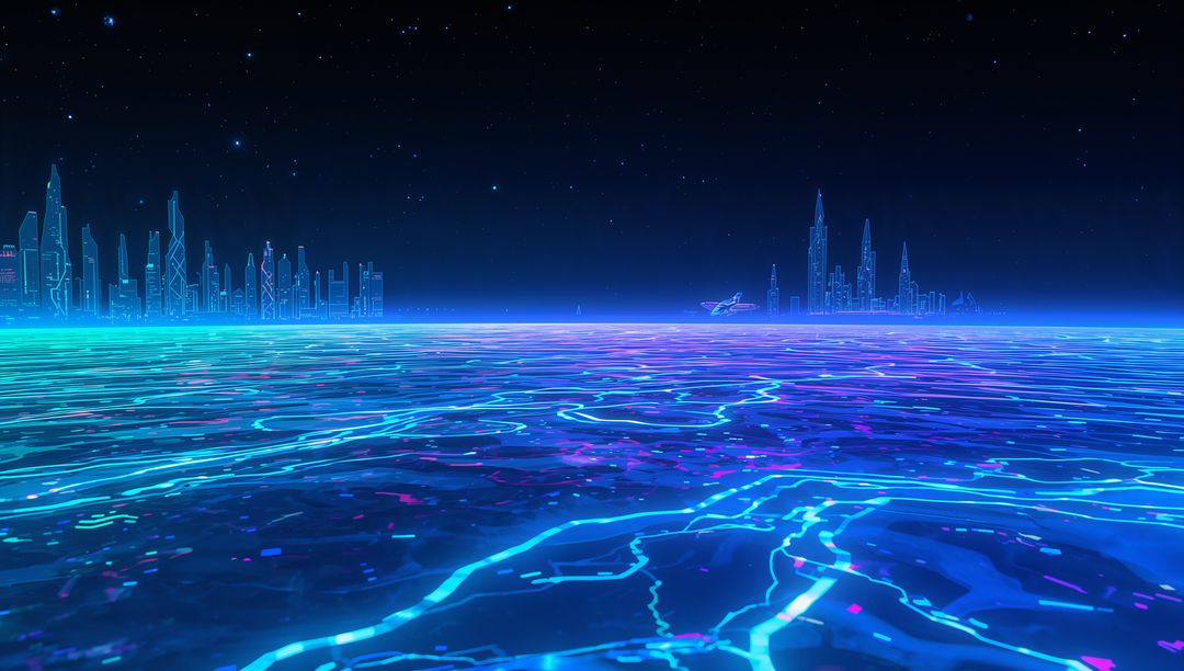 Neon Ocean Grid Pulsing with Cyber Circuit Lights under Futuristic City Skyline