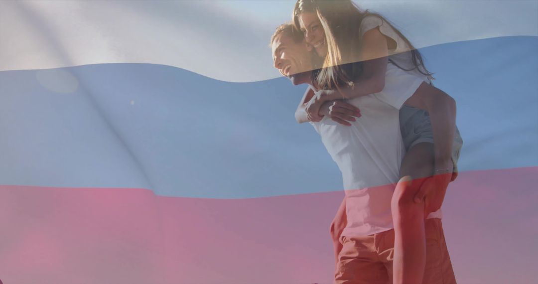 Joyful Couple Enjoying Outdoors Under Transparent Flag Colors