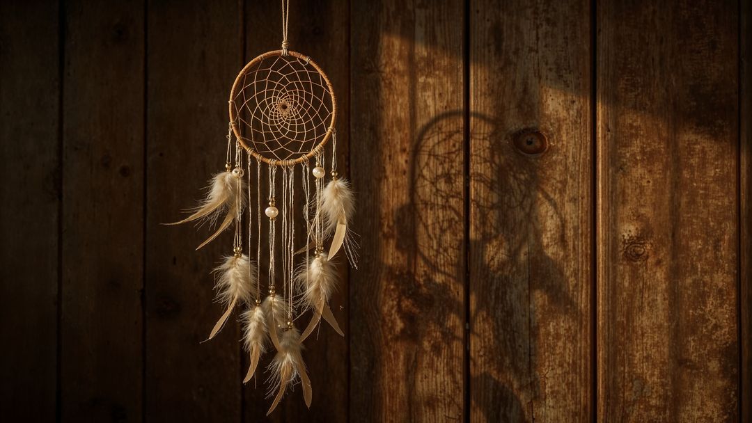 A Decorative Dreamcatcher Casting Shadow on Rustic Wooden Wall
