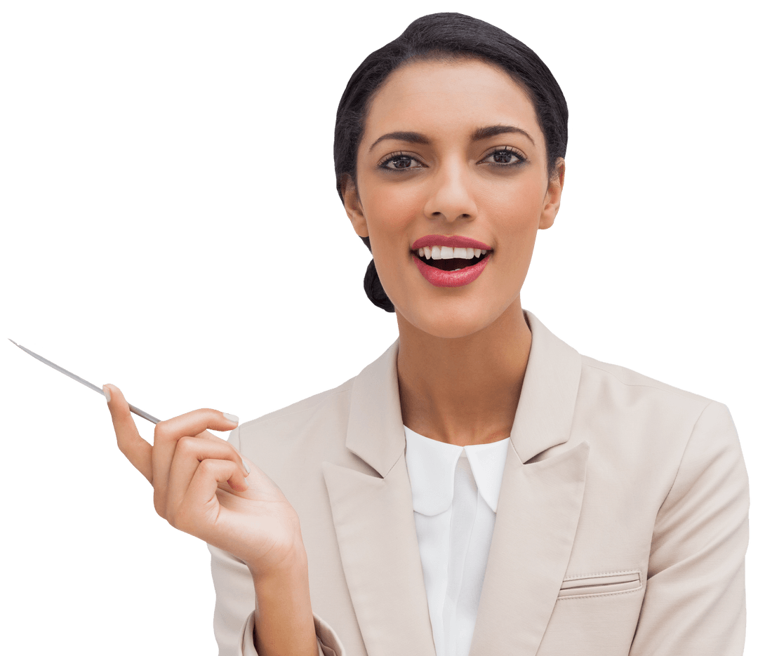 Transparent Smiling Businesswoman Holding Pen in Hand